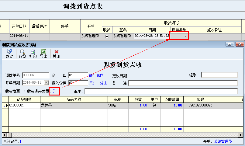 调拨到货点收误差数量处理错误