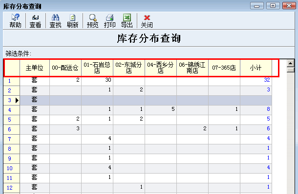 库存分布按仓库号排序