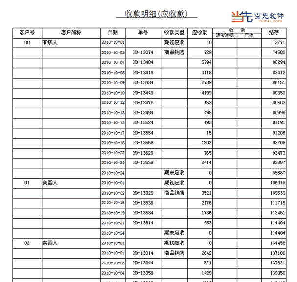 销售收款明细表打印