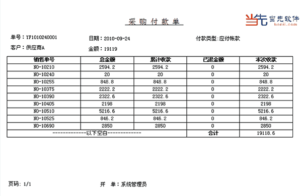 采购付款单打印样式