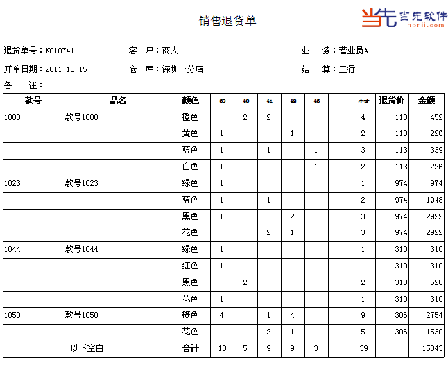 服装销售退货单